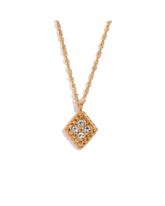 White Four Diamond Inlaid Geometric Stainless Steel Pendant Necklace