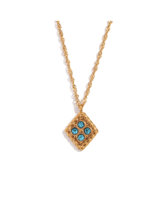 Blue Four Diamond Inlaid Geometric Stainless Steel Pendant Necklace