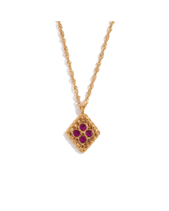 Rose Red Four Diamond Inlaid Geometric Stainless Steel Pendant Necklace