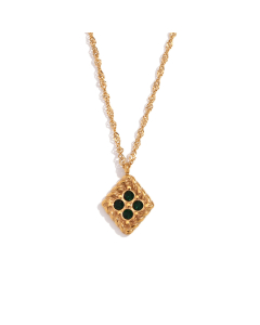 Green Four Diamond Inlaid Geometric Stainless Steel Pendant Necklace