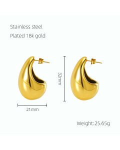 French Style Water Drop Shape Earring 18K Gold Plated Studs Earring (1)