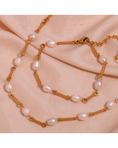 Wholesale Stainless Steel Fine Jewelry Minimalism French Style Fresh Water Pearl Handmade Chain Necklace Bracelet Sets