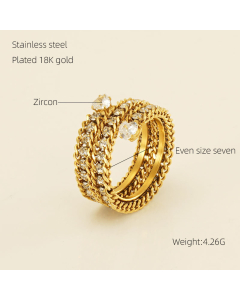 Sweet Exquisite Plated 18K Gold Full Diamond Multi-layer Opening Adjustable Stainless Steel Ring