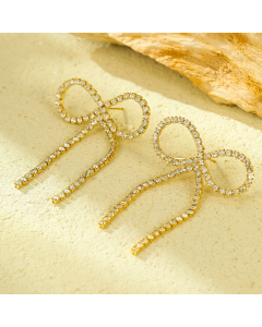 Wholesale Stainless Steel Earrings Bow Knot Fringe Full Zircon Inlaid Earrings 