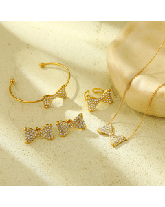 Wholesale Stainless Steel Fine Jewelry Fashion Elegant Full Diamond Bow Knot Necklace Bracelet Earrings Rings Sets