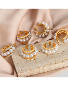 Wholesale Fine Jewelry Light Luxury Personality Geometric C-shaped Titanium Steel Gold Plated Pearl Earrings 