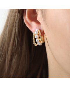 Fine Jewelry Light Luxury Personality Geometric C-shaped Titanium Steel Gold Plated Pearl Earrings 