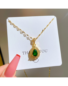 Gold Stainless Steel Necklace With Full Diamond Emerald Stone In Copper Pendent CA7810120