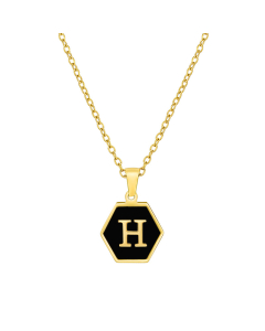 H Initial Letter Hexagon Shape Charms Inlaid Black Shell Necklace CA7810219