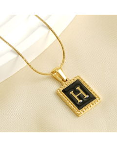 H Initial Name Stainless Steel Necklace With Square Black Shell Tag CA7810221