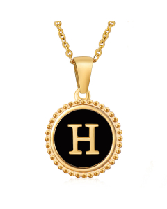 H Round Disc Initial Letter Necklace Inlaid Black Shell CA7810203