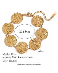 Wholesale Jewelry Exaggerated Geometric Hammering Pattern Round Piece Bracelet Stainless Steel Plated 18K Gold Earrings-Gold Color-Bracelet
