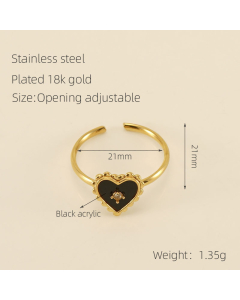 Wholesale Stainless Steel Ring Heart Four-leaf Clovers Opening Ring-01-Black