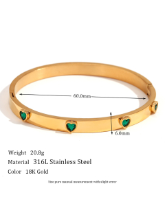 Wholesale Stainless Steel Bangle Heart Round Star Zircon Buckle Bracelet -02-Green