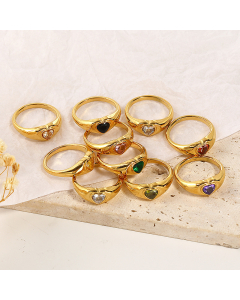 Wholesale Stainless Steel Ring INS Style New Sweet 18K Gold-plated Heart Shaped Zircon Inlaid Stainless Steel Ring
