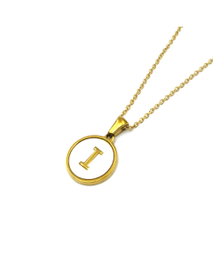Stainless Steel Necklace With Alphabet Letter I Mother of Pearl Sea Shell Inlaid Round Pendant Minimalist Style Gold Plated For Women Holiday Gift Anti-tarnish