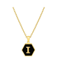 I Initial Letter Hexagon Shape Charms Inlaid Black Shell Necklace CA7810219