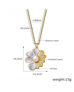 Wholesale Stainless Steel Flower Necklace Oil Drip Imitation Pearl Inlaid Flower Pendant Necklace-Gold Color-White