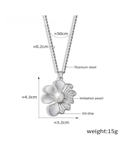 Wholesale Stainless Steel Flower Necklace Oil Drip Imitation Pearl Inlaid Flower Pendant Necklace-Steel Color-White