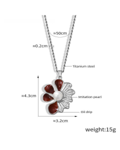 Wholesale Stainless Steel Flower Necklace Oil Drip Imitation Pearl Inlaid Flower Pendant Necklace-Steel Color-Red