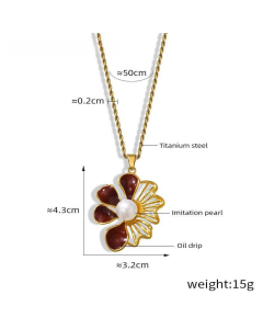 Wholesale Stainless Steel Flower Necklace Oil Drip Imitation Pearl Inlaid Flower Pendant Necklace-Gold Color-Red