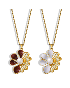 Wholesale Stainless Steel Flower Necklace Temperament Elegant Twist Chain Oil Drip Imitation Pearl Inlaid Flower Pendant Necklace