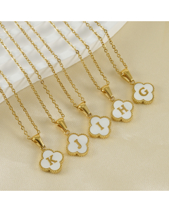 Initial Name Stainless Steel Four Clover Necklace With White Shell Charms CA7810222