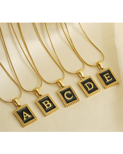 Initial Name Stainless Steel Necklace With Square Black Shell Tag CA7810221