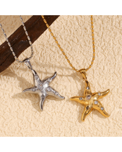 Wholesale Stainless Steel Necklace Inlaid Geometric Zircon Starfish Necklace