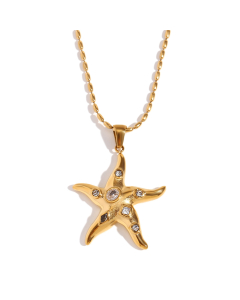 Gold Color Inlaid Geometric Zircon Starfish Stainless Steel Pendant Necklace 