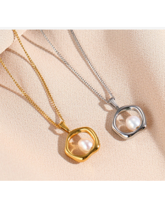 Wholesale Stainless Steel Pendant Necklace Minimalism Niche Irregular Ring With Pearl Plated 18K Gold Necklace