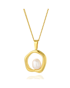 Minimalism Niche Irregular Ring With Pearl Plated 18K Gold Stainless Steel Pendant Necklace