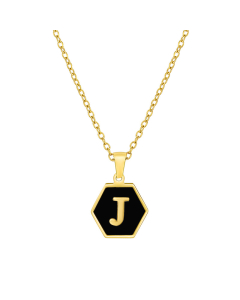 J Initial Letter Hexagon Shape Charms Inlaid Black Shell Necklace CA7810219