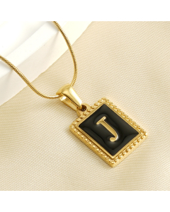 J Initial Name Stainless Steel Necklace With Square Black Shell Tag CA7810221