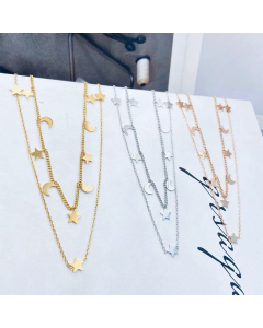 Necklace Double Layer Chain Moon Star Pendant Necklace Party Jewelry Gold Color