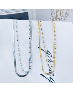 Necklace Layered Gold Flat Snake Chain Mini Pearl Herringbone Choker