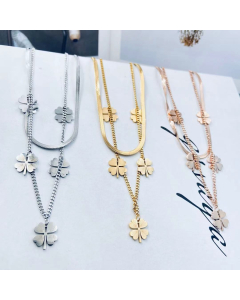 Layered Lucky Four Leaf Clovers With Flat Snake Chain Necklace In Steel Color