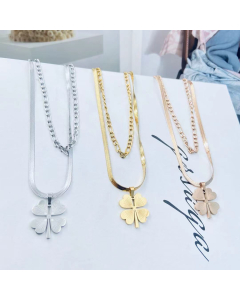 Layered Necklace Chunky Flat Snake Chain And Figaro Chain With Four Heart Leaf Clover Pendant Gold Color