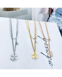 Wholesale Stainless Steel Four Leaf Heart Clover Pendant Layered Necklaces With Shining  Rhinestone And Paper Clip Chain In Gold Color
