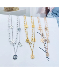 Necklace Vintage Gold Color Luck Four Leaf Clover Pendant Layered Necklace With Paper Clip Chain Titanium Steel Jewelry