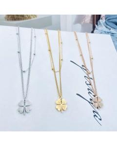 Necklace Steel Color Lucky Four Leaf Clover Pendant Layered Necklace With Round Ball Chain Titanium Steel Jewelry