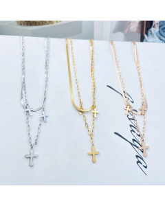 Steel Color Cross Necklace For Women Double Cross Necklace Long Necklaces For Ladies Stainless Steel Cross Necklace