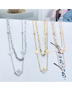 Rhinestone Steel Hollow Lucky Four Leaf Clover Necklace And Paperclip Chain Layered Jewelry In Titanium Steel