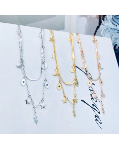 Layered Summer Beach Design Gold Flash Lightning Drops And Moon Pendant And Star And Evil Eye Charms Steel Jewelry