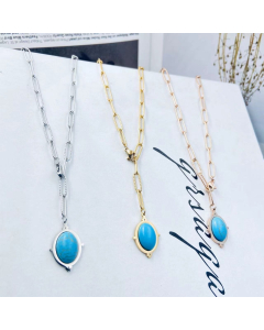 Necklace Turquoise Oval Shape Gemstone Cabochon Pendant And Fluted Fine Paperclip Link And Y Drop Necklace In Stainless Steel Jewelry In Steel Color