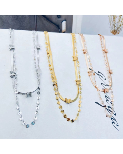 Neclace Layered Chain Glittery Butterfly Charms With Circle Sequin Chain And Flat Snake Chain Stainless Steel Necklace In Steel Color