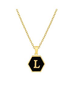 L Initial Letter Hexagon Shape Charms Inlaid Black Shell Necklace CA7810219