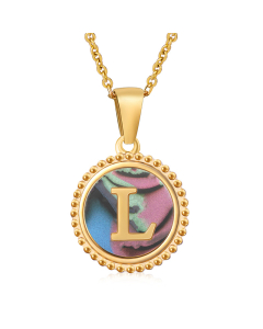 L Initial Letter Round Disc Necklace Inlaid Colorful Shell CA7810205