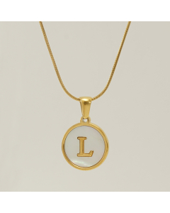 L Initial Letter Snake Chain Necklace With White Shell Round Charms CA7810223