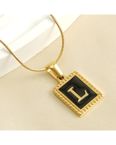 L Initial Name Stainless Steel Necklace With Square Black Shell Tag CA7810221